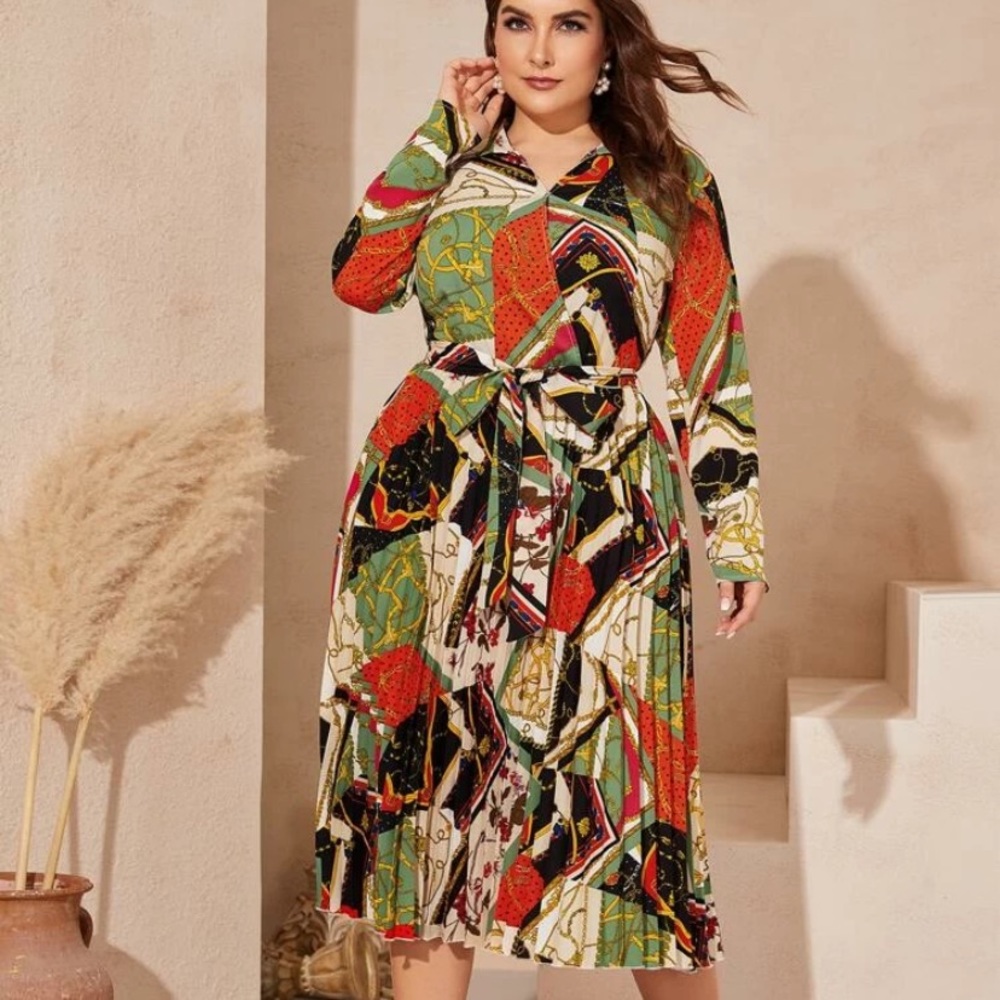Plus Mixed Scarf Print Pleated Dress
